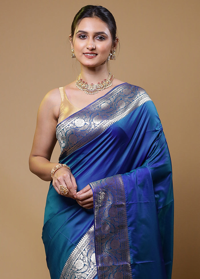 Blue Dupion Silk Saree With Blouse Piece