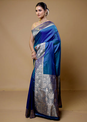 Blue Dupion Silk Saree With Blouse Piece