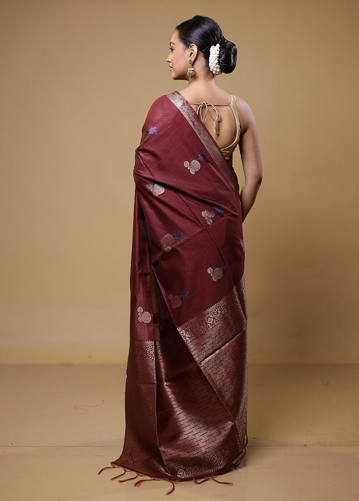 Maroon Dupion Silk Saree With Blouse Piece