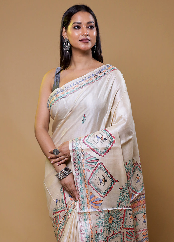 Cream Handloom Tussar Pure Silk Saree With Blouse Piece