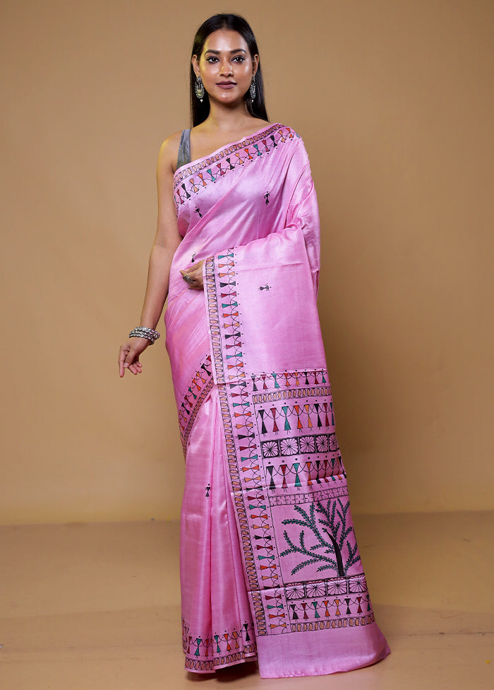 Pink Handloom Tussar Pure Silk Saree With Blouse Piece