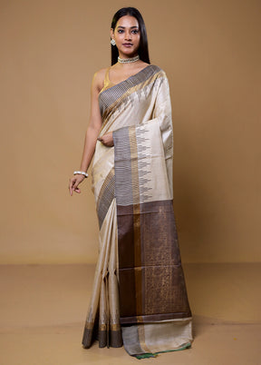 Cream Handloom Tussar Pure Silk Saree With Blouse Piece