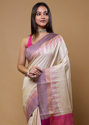 Cream Handloom Tussar Pure Silk Saree With Blouse Piece