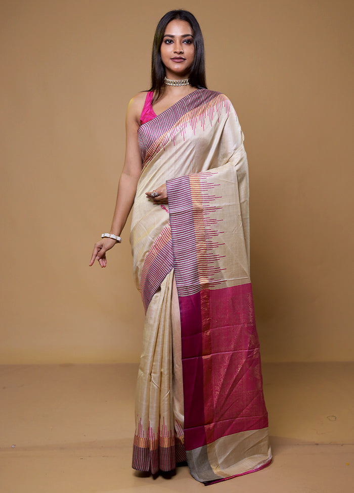 Cream Handloom Tussar Pure Silk Saree With Blouse Piece