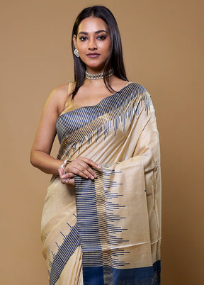 Cream Handloom Tussar Pure Silk Saree With Blouse Piece