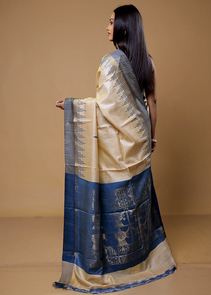 Cream Handloom Tussar Pure Silk Saree With Blouse Piece