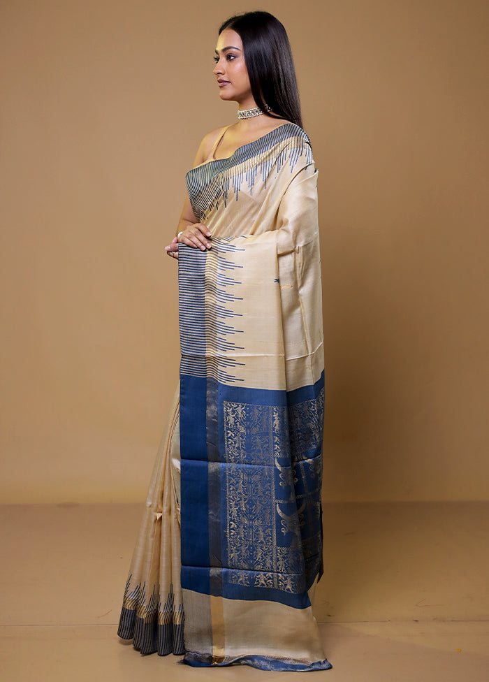 Cream Handloom Tussar Pure Silk Saree With Blouse Piece