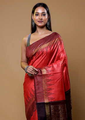 Red Handloom Tussar Pure Silk Saree With Blouse Piece