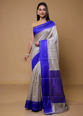 Cream Handloom Tussar Pure Silk Saree With Blouse Piece