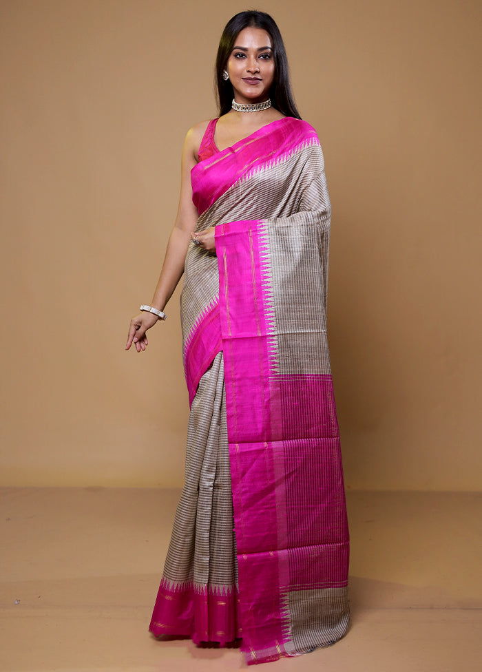 Cream Handloom Tussar Pure Silk Saree With Blouse Piece