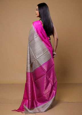 Cream Handloom Tussar Pure Silk Saree With Blouse Piece