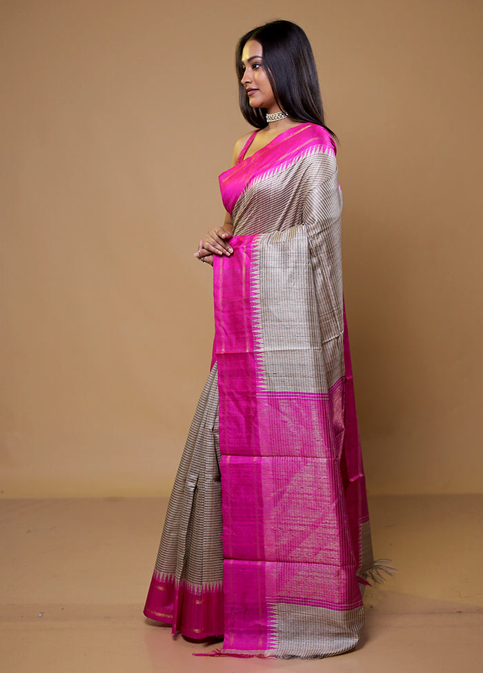 Cream Handloom Tussar Pure Silk Saree With Blouse Piece