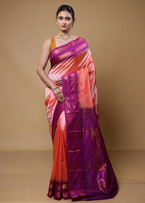 Peach Kanjivaram Silk Saree With Blouse Piece