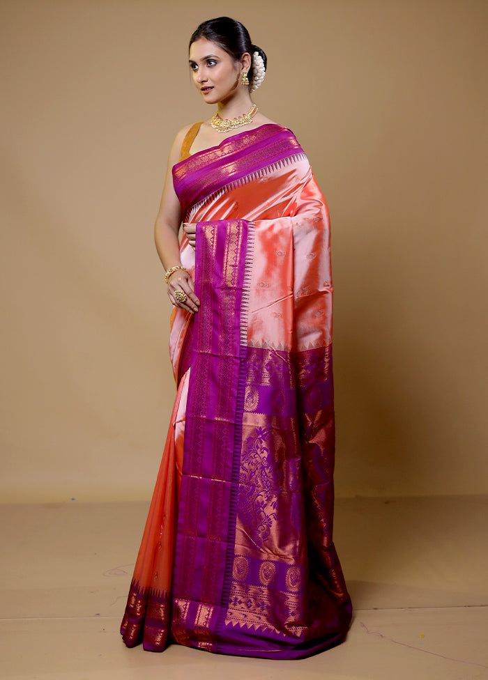 Peach Kanjivaram Silk Saree With Blouse Piece