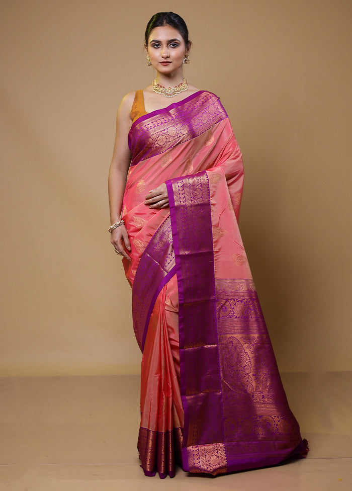 Pink Kanjivaram Silk Saree With Blouse Piece