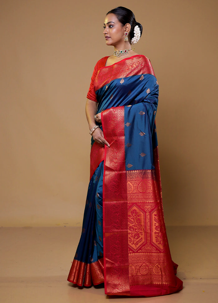 Blue Kanjivaram Silk Saree With Blouse Piece