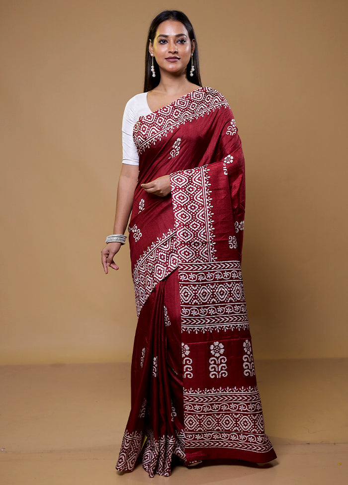 Maroon Dupion Silk Saree With Blouse Piece