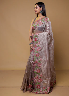 Grey Crushed Tissue Silk Saree With Blouse Piece