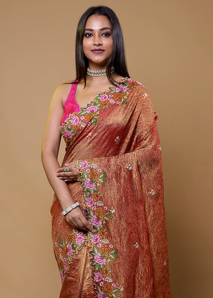 Rust Crushed Tissue Silk Saree With Blouse Piece