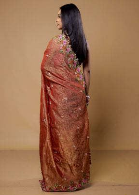 Rust Crushed Tissue Silk Saree With Blouse Piece