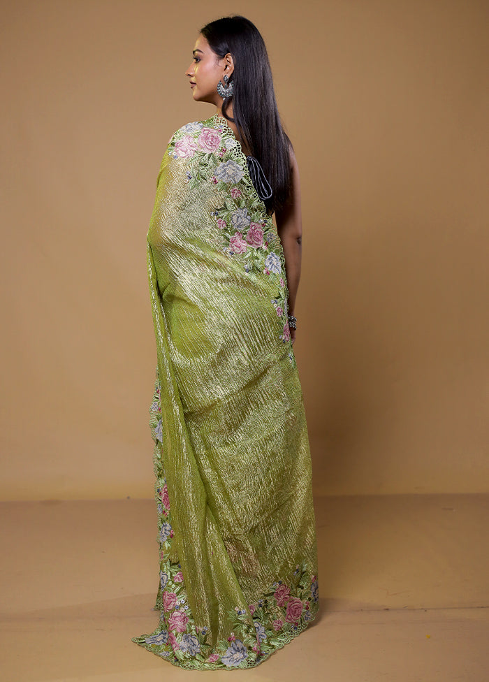 Green Crushed Tissue Silk Saree With Blouse Piece