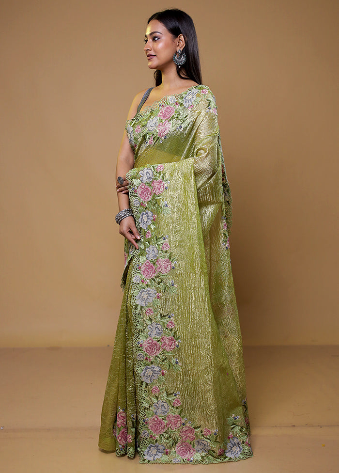 Green Crushed Tissue Silk Saree With Blouse Piece