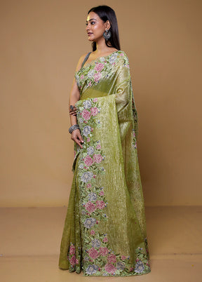 Green Crushed Tissue Silk Saree With Blouse Piece