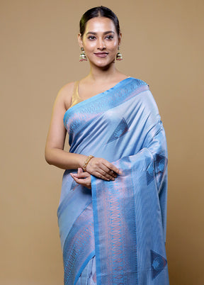 Blue Dupion Silk Saree With Blouse Piece