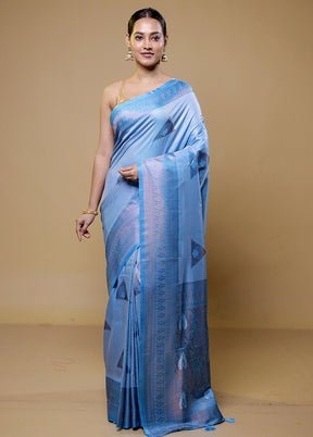 Blue Dupion Silk Saree With Blouse Piece