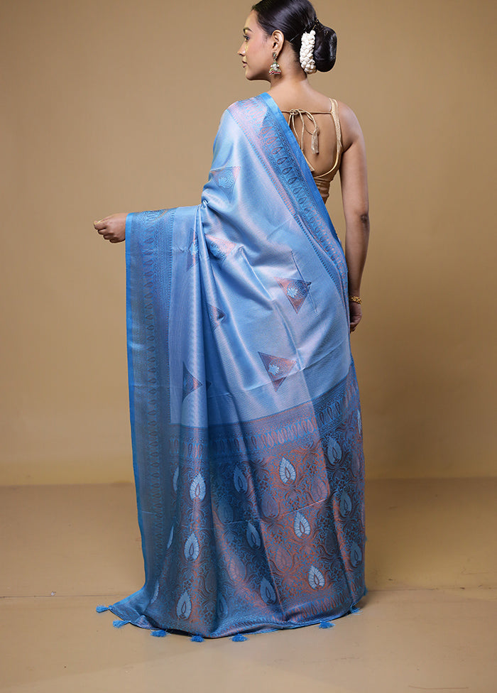 Blue Dupion Silk Saree With Blouse Piece