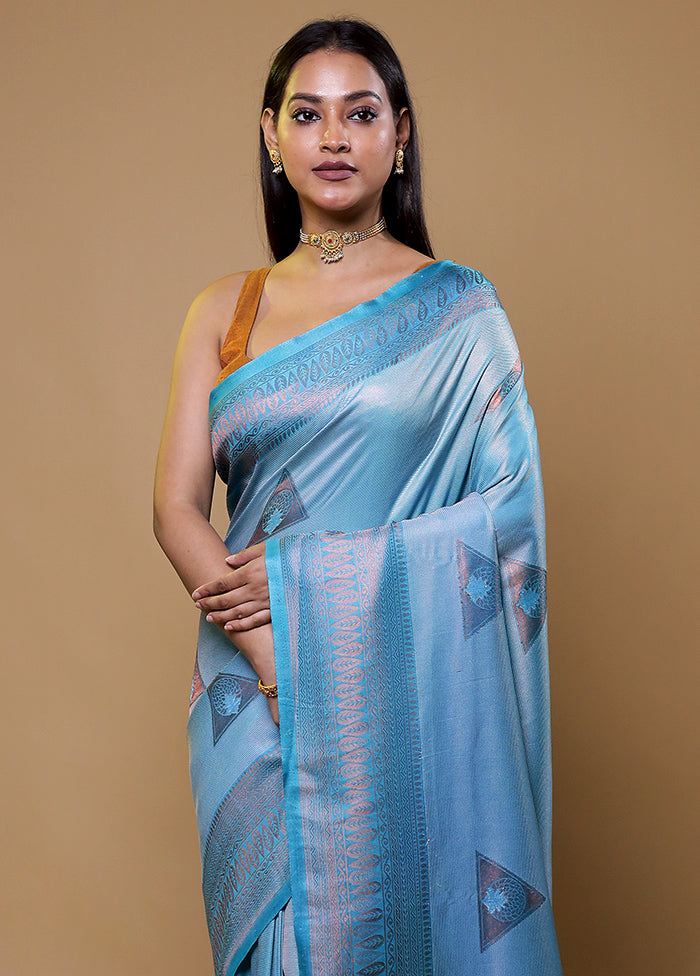 Blue Dupion Silk Saree With Blouse Piece