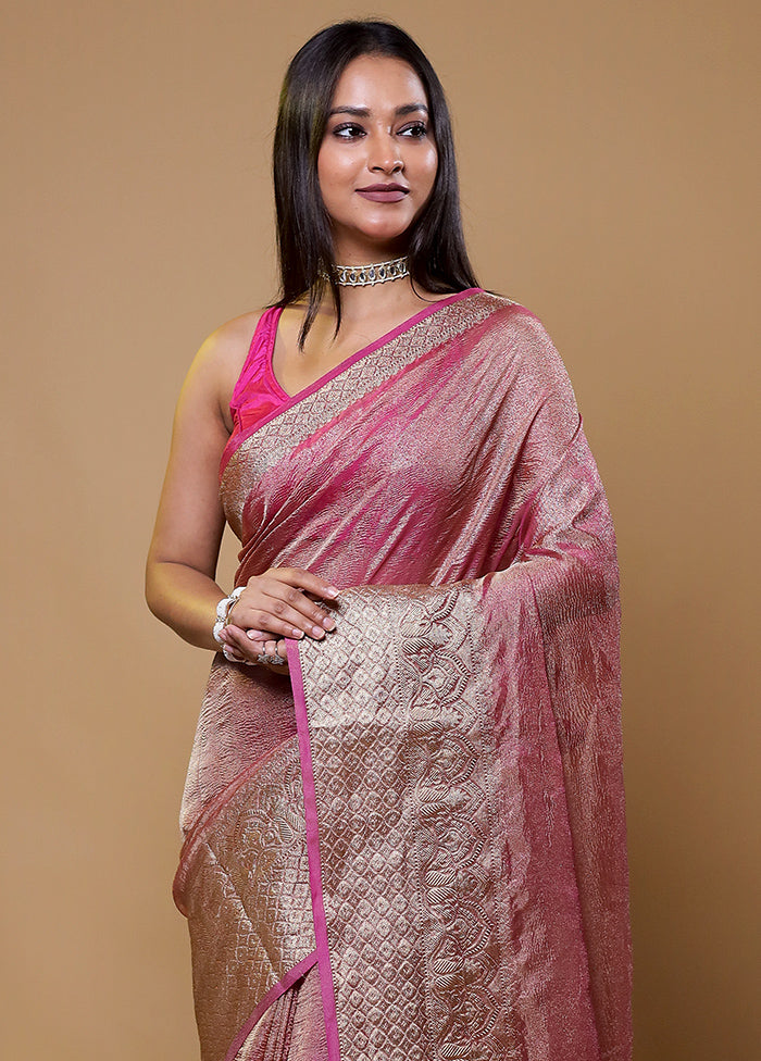 Pink Crushed Tissue Silk Saree With Blouse Piece