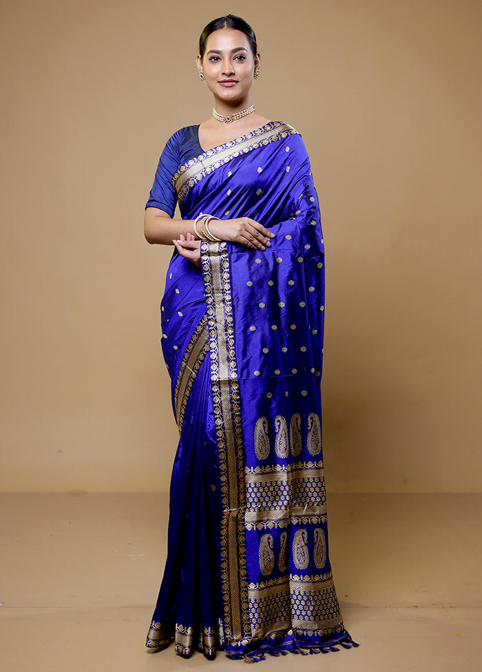 Blue Handloom Assam Pure Silk Saree With Blouse Piece