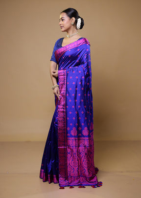 Blue Handloom Assam Pure Silk Saree With Blouse Piece