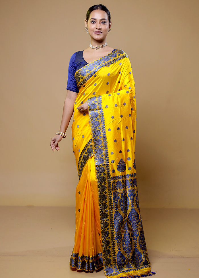 Yellow Handloom Assam Pure Silk Saree With Blouse Piece