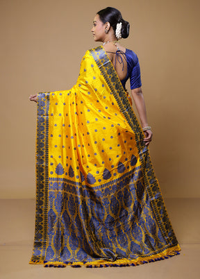 Yellow Handloom Assam Pure Silk Saree With Blouse Piece