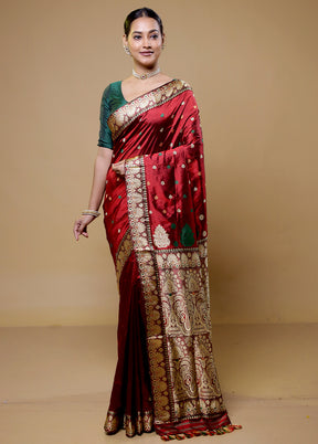 Maroon Handloom Assam Pure Silk Saree With Blouse Piece