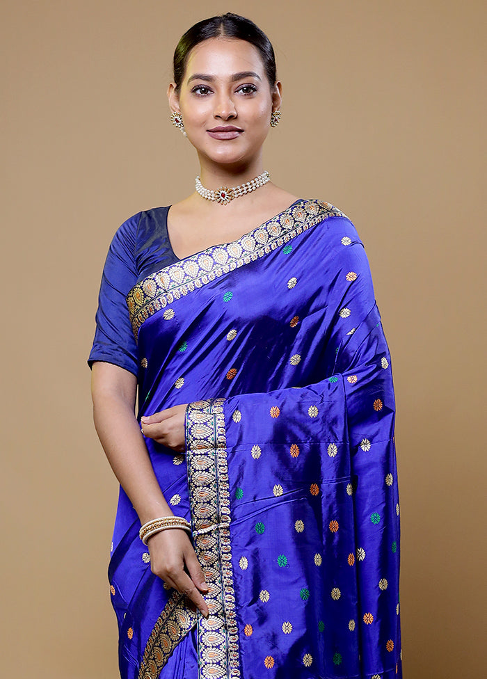 Blue Handloom Assam Pure Silk Saree With Blouse Piece