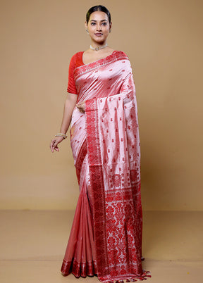 Pink Handloom Assam Pure Silk Saree With Blouse Piece