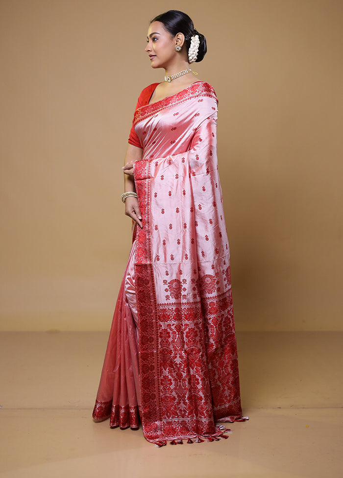 Pink Handloom Assam Pure Silk Saree With Blouse Piece