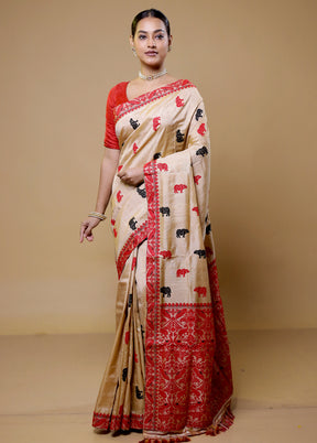 Cream Handloom Assam Pure Silk Saree With Blouse Piece