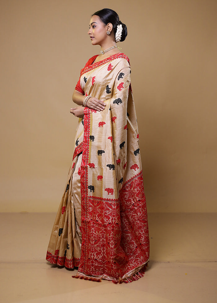 Cream Handloom Assam Pure Silk Saree With Blouse Piece