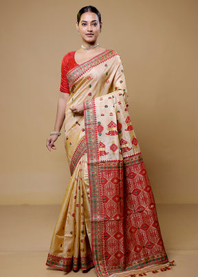 Cream Handloom Assam Pure Silk Saree With Blouse Piece