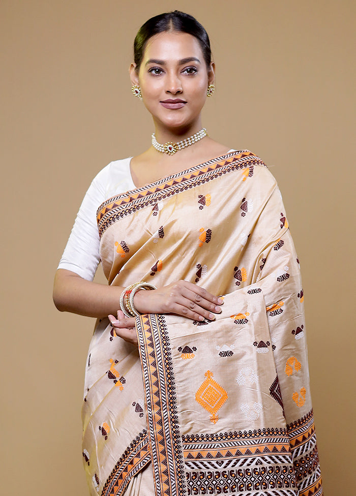 Cream Handloom Assam Pure Silk Saree With Blouse Piece