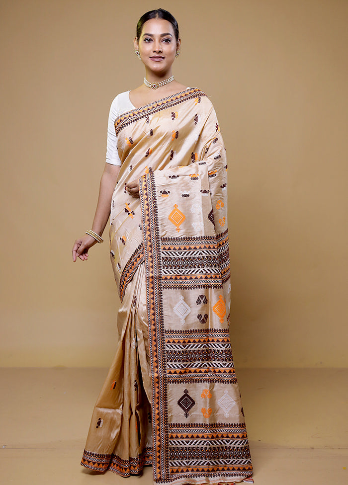 Cream Handloom Assam Pure Silk Saree With Blouse Piece