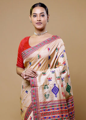 Cream Handloom Assam Pure Silk Saree With Blouse Piece