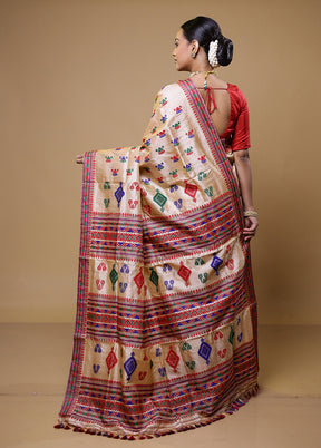 Cream Handloom Assam Pure Silk Saree With Blouse Piece