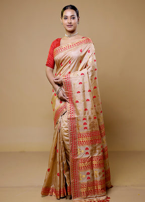 Cream Handloom Assam Pure Silk Saree With Blouse Piece