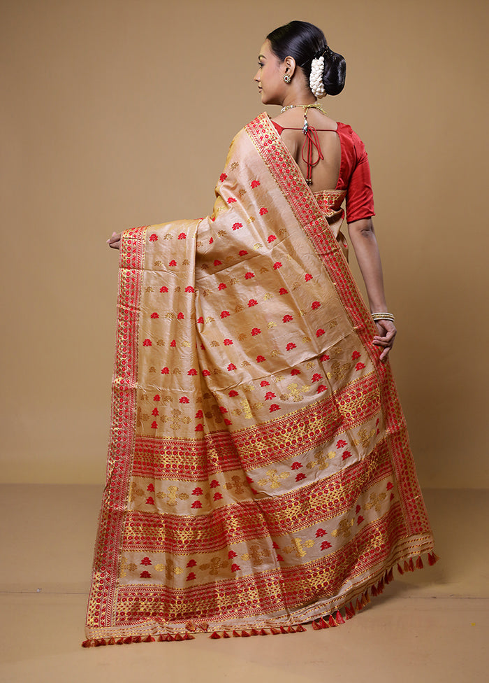 Cream Handloom Assam Pure Silk Saree With Blouse Piece