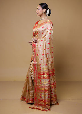 Cream Handloom Assam Pure Silk Saree With Blouse Piece